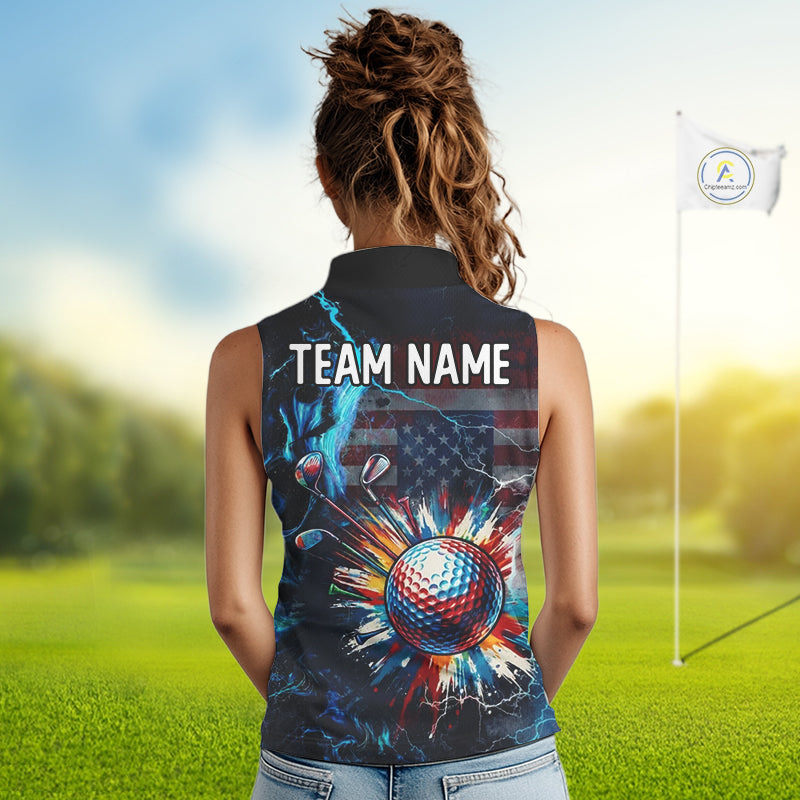 Back view sleeveless women golf polo black USA flag - personalized team name logo option available