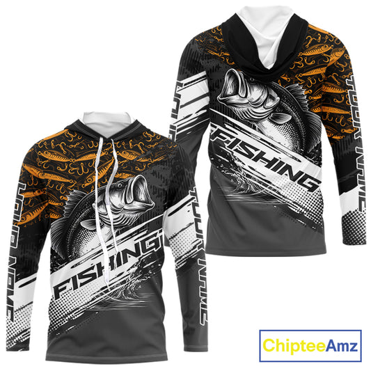 Personalized Bass Fishing Hood Long Sleeve UV Protection Custom Black & Yellow Shirts, Bass Tournament Jerseys NBT359
