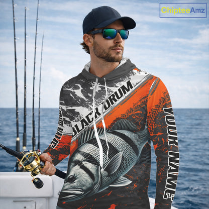 Custom Orange Camo Black Drum Jerseys For Fishing Team Long Sleeve Hooded Fishing Shirts NBT457