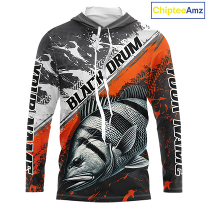 Custom Orange Camo Black Drum Jerseys For Fishing Team Long Sleeve Hooded Fishing Shirts NBT457