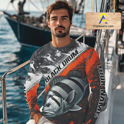 Custom Orange Camo Black Drum Jerseys For Fishing Team Long Sleeve Fishing Shirts NBT457