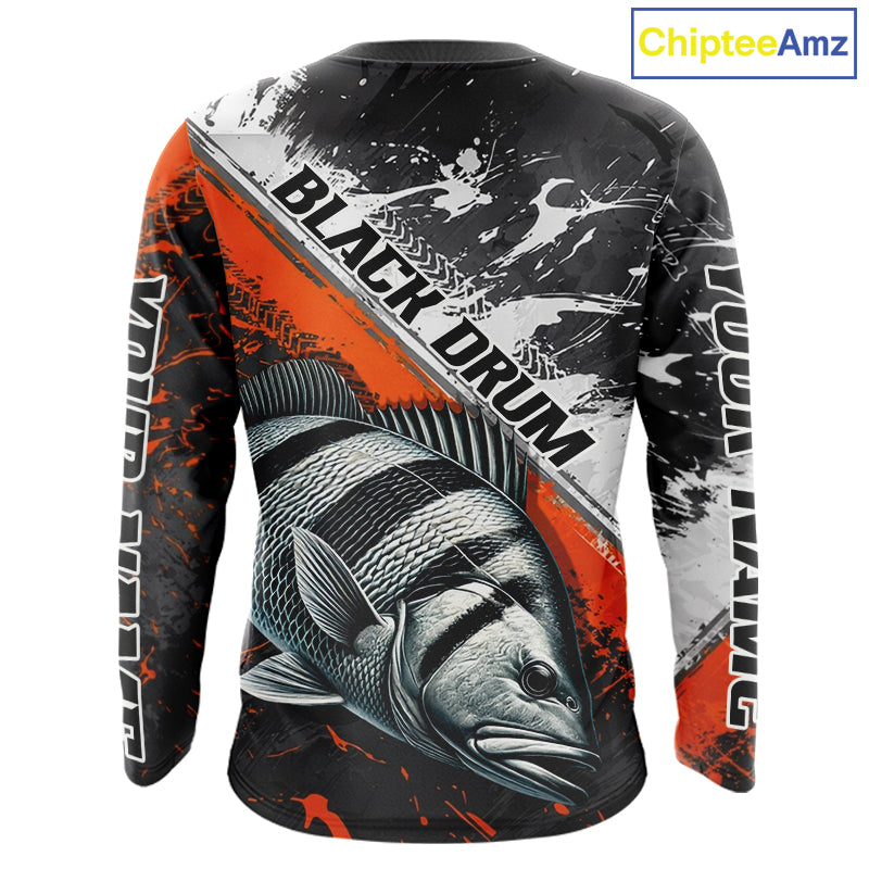 Custom Orange Camo Black Drum Jerseys For Fishing Team Long Sleeve Fishing Shirts NBT457