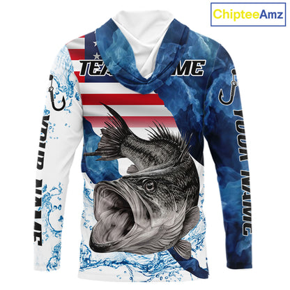 Blue Camo Bass Fishing American Flag Fishing Shirt, Bass Fishing Shirts Long Sleeve with Hood NBT458