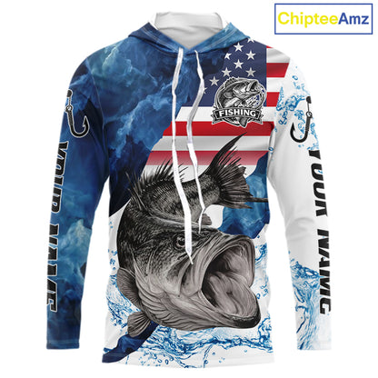 Blue Camo Bass Fishing American Flag Fishing Shirt, Bass Fishing Shirts Long Sleeve with Hood NBT458