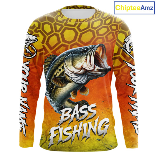 Personalized Bass Fishing Long Sleeve Fishing Shirt Yellow Camo, Bass Fishing Shirts NBT459