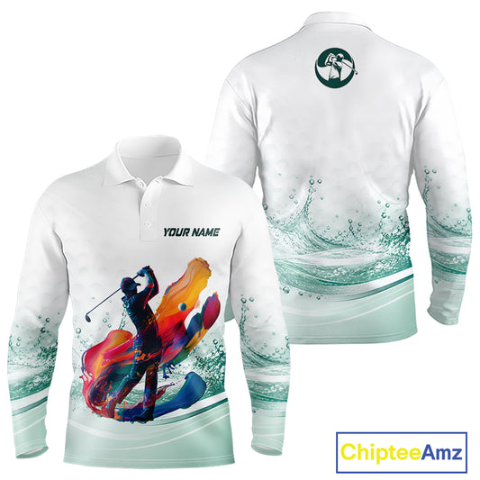 Mens Golf Polo Shirt Watercolor Custom Name White Golf Shirt, Golf Outfits NBT714