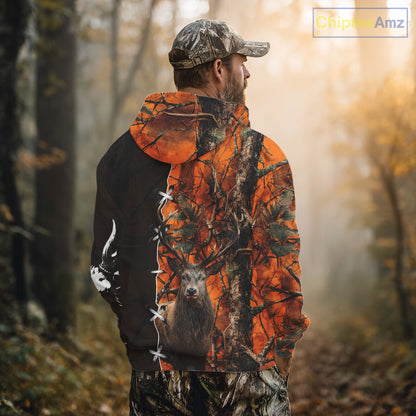 Orange Camo Deer Hunting Hoodie, Longsleeve Shirt for Red Deer Hunting Season, Hunter Gifts NBT11