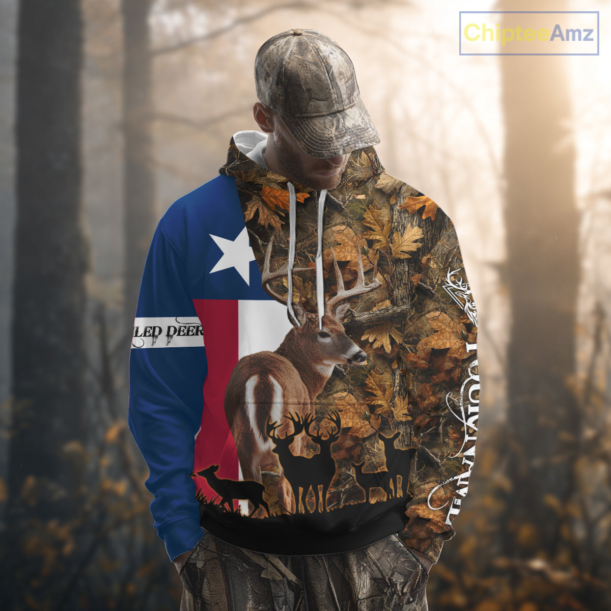 Texas Flag Fall Camo Whitetail Deer Hunting Hoodie, Longsleeve Shirt - Personalized Name Option NBT12