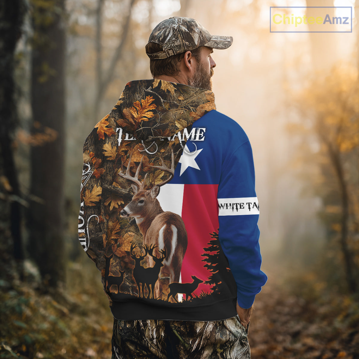 Texas Flag Fall Camo Whitetail Deer Hunting Hoodie, Longsleeve Shirt - Personalized Name Option NBT12