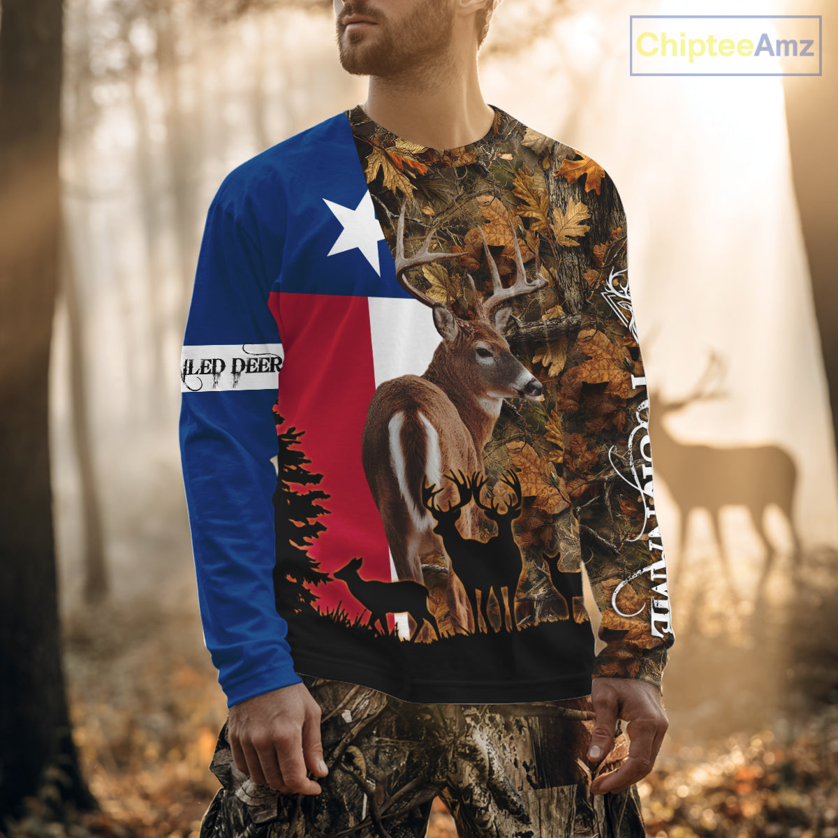 Texas Flag Fall Camo Whitetail Deer Hunting Hoodie, Longsleeve Shirt - Personalized Name Option NBT12