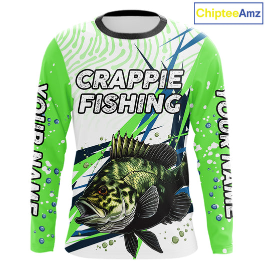 Custom Crappie Long Sleeve Fishing Shirts Green Custom Name, Tournament Fishing Shirts NBT364