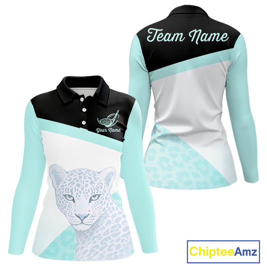 Leopard Womens Golf Polo Shirt Custom Teal Leopard Pattern Team Golf Tops, Golf Gifts NBT590