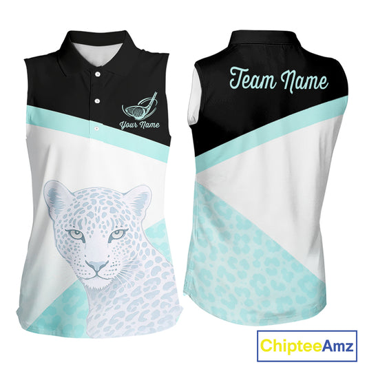Leopard Womens Sleeveless Golf Polo Shirt Custom Teal Leopard Pattern Team Golf Tops, Golf Gifts NBT590