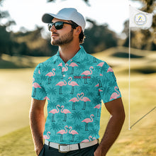 Load image into Gallery viewer, Mens Golf Polo Shirt Pink Flamingo Tropical Leaves Pattern Custom Team Flamingo Golf Polo Shirts NBT592
