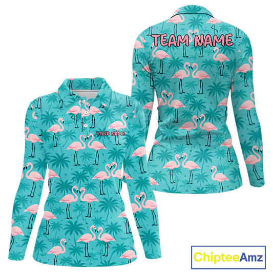 Womens Golf Polo Shirt Pink Flamingo Tropical Leaves Pattern Custom Team Flamingo Golf Polo Shirts NBT592