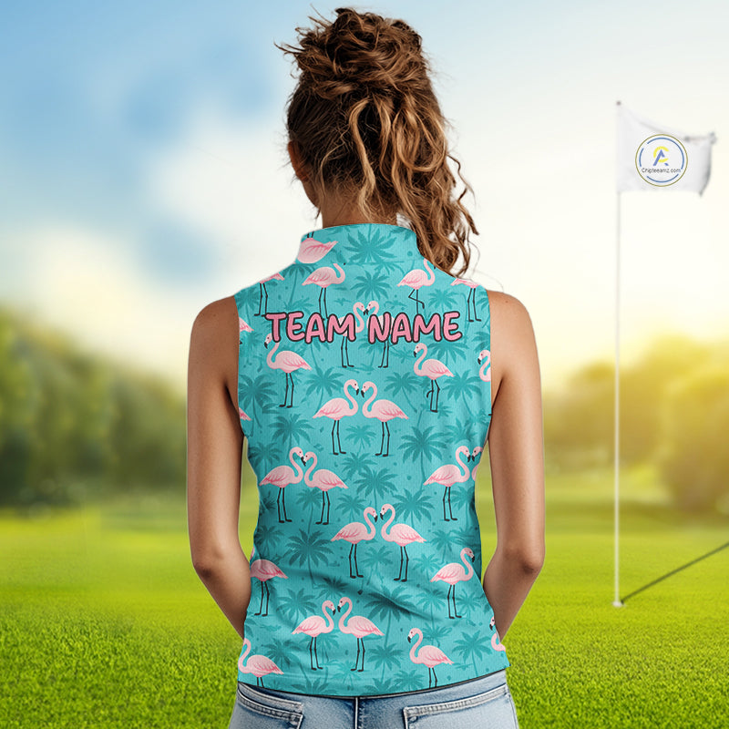 Womens Sleeveless Golf Polo Shirt Pink Flamingo Tropical Leaves Pattern Custom Team Flamingo Golf Polo Shirts NBT592