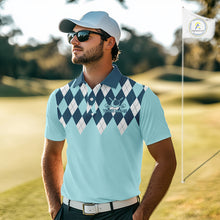 Load image into Gallery viewer, Blue Argyle Plaid Pattern Mens Golf Polo Shirt Custom Golf Polo Shirt For Men, Golfing Gifts NBT593