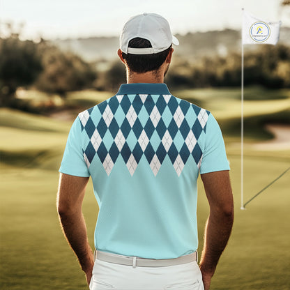 Blue Argyle Plaid Pattern Mens Golf Polo Shirt Custom Golf Polo Shirt For Men, Golfing Gifts NBT593