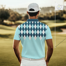 Load image into Gallery viewer, Blue Argyle Plaid Pattern Mens Golf Polo Shirt Custom Golf Polo Shirt For Men, Golfing Gifts NBT593