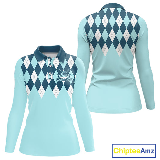 Blue Argyle Plaid Pattern Womens Golf Polo Shirt Custom Golf Polo Shirt For Ladies, Golfing Gifts NBT593