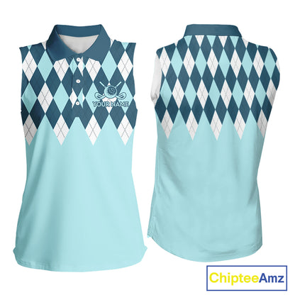Blue Argyle Plaid Pattern Womens Sleeveless Golf Polo Shirt Custom Golf Polo Shirt For Ladies, Golfing Gifts NBT593