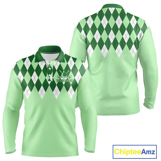 Green Argyle Plaid Pattern Mens Golf Polo Shirt Custom Golf Polo Shirt For Men, Golfing Gifts NBT594