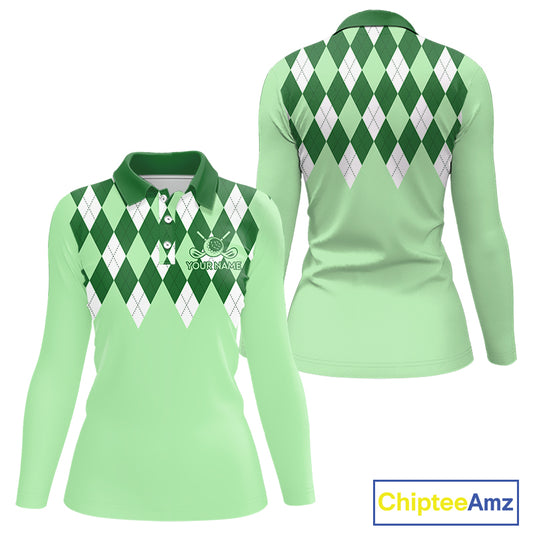 Green Argyle Plaid Pattern Womens Golf Polo Shirt Custom Golf Polo Shirt For Ladies, Golfing Gifts NBT594