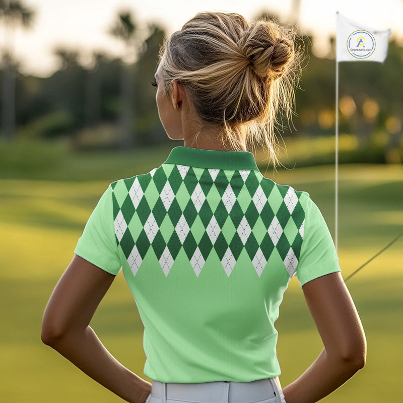 Green Argyle Plaid Pattern Womens Golf Polo Shirt Custom Golf Polo Shirt For Ladies, Golfing Gifts NBT594