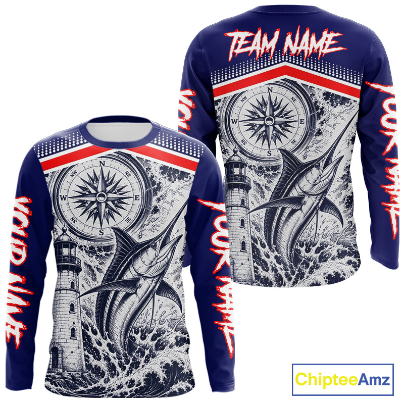 Front and Back view of personalized Marlin blue long sleeve performance fishing shirt for tournaments