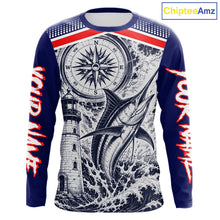 Load image into Gallery viewer, Front view of personalized Marlin blue long sleeve performance fishing shirt with compass design