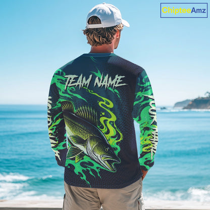 Angler wearing custom Walleye fishing green camo long sleeve shirt on the boat - back view with team name on the back