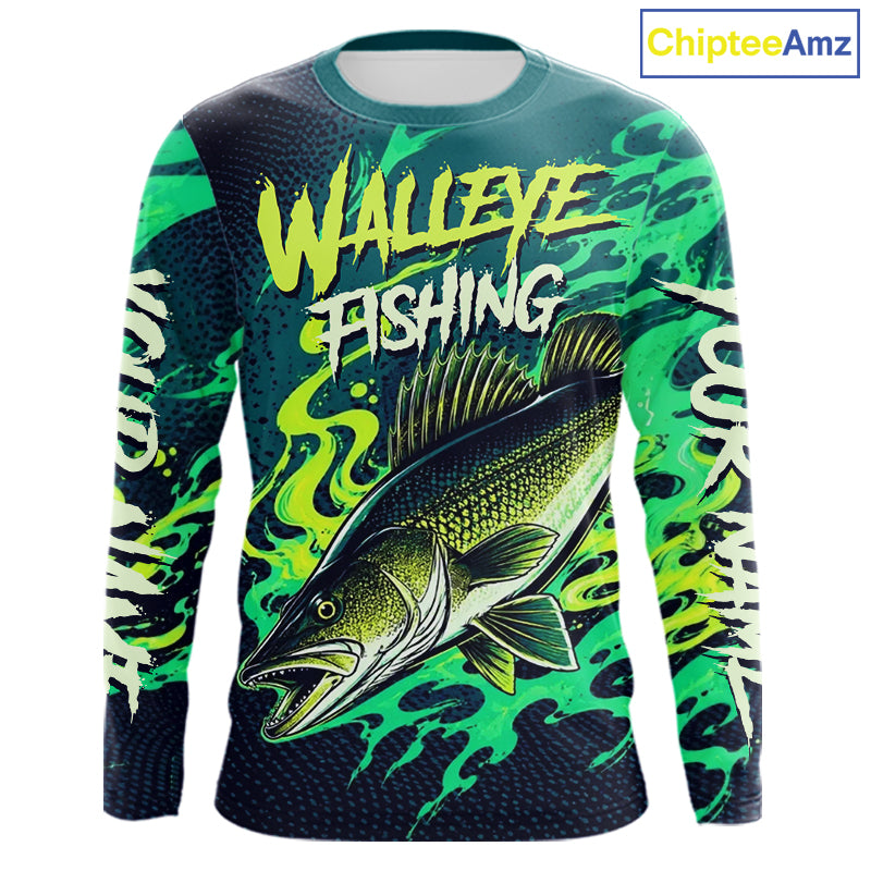 Front view of custom Walleye fishing green camo long sleeve fishing shirt with personalized name