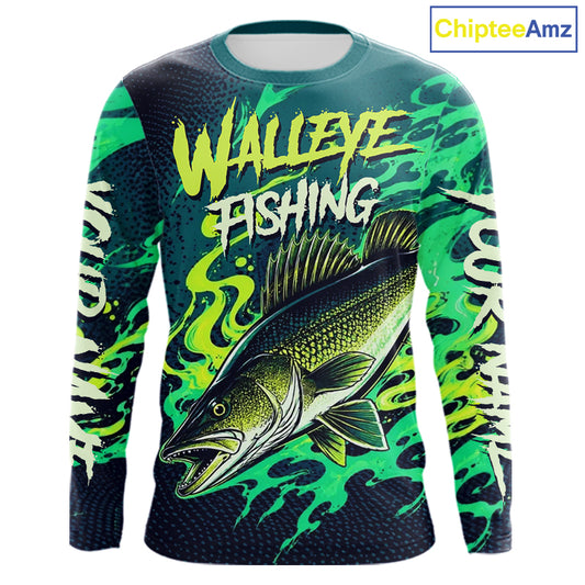 Front view of custom Walleye fishing green camo long sleeve fishing shirt with personalized name