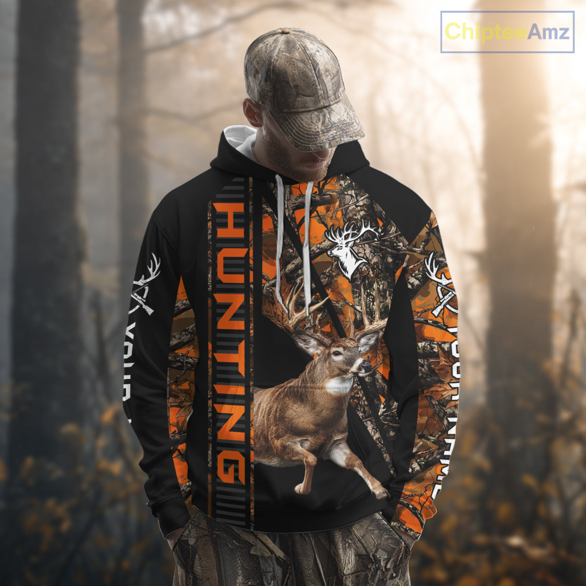 Personalized Whitetail Deer Hunting Orange Camo 3D All Over Printed Hoodie Hunting Shirt NBT316