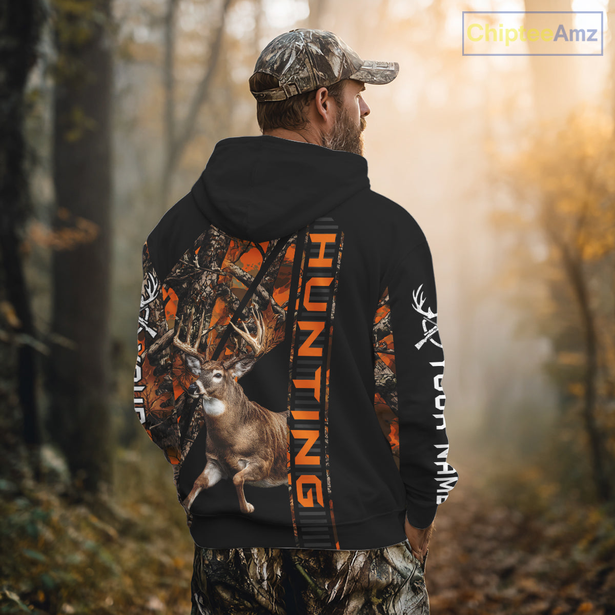 Personalized Whitetail Deer Hunting Orange Camo 3D All Over Printed Hoodie Hunting Shirt NBT316