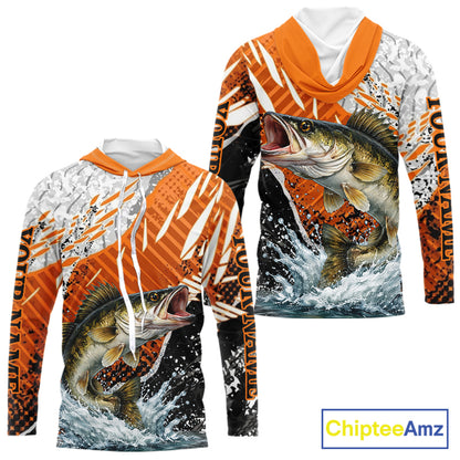 Walleye Fishing Shirt Long Sleeve Hooded Orange Camo, Persionalized Walleye Fishing Jerseys NBT406