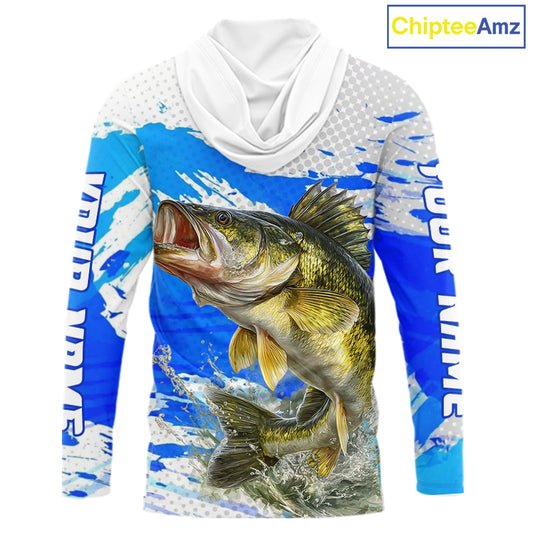 Blue Camo Walleye Fishing Shirt Long Sleeve Hooded, Walleye Fishing Jerseys NBT407