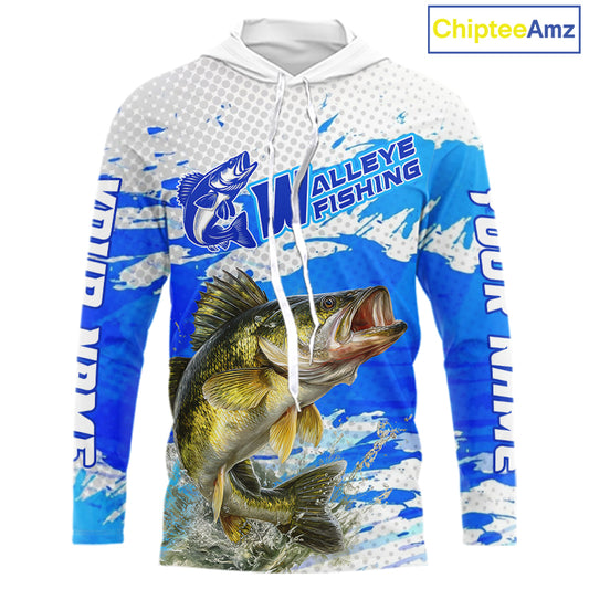 Blue Camo Walleye Fishing Shirt Long Sleeve Hooded, Walleye Fishing Jerseys NBT407