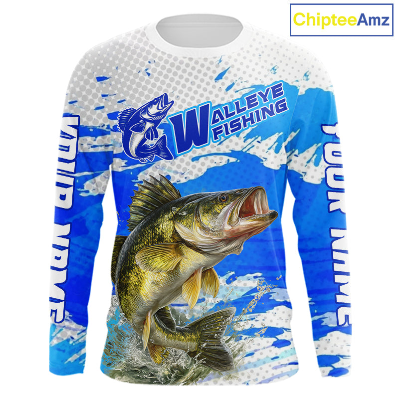 Blue Camo Walleye Fishing Shirts Long Sleeve, Walleye Fishing Jerseys NBT407
