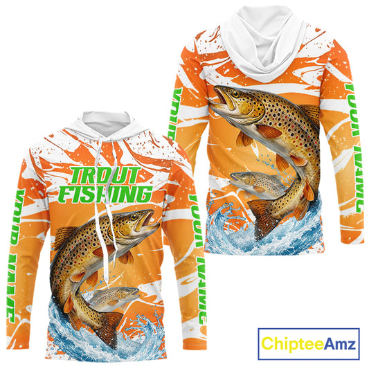 Big Brown Trout Fishing Shirt Long Sleeve Hooded Orange Camo Custom Name, Tournament Fishing Jerseys NBT410