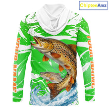 Load image into Gallery viewer, Big Brown Trout Fishing Shirt Long Sleeve Hooded Green Camo Custom Name, Tournament Fishing Jerseys NBT411