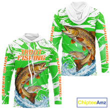 Load image into Gallery viewer, Big Brown Trout Fishing Shirt Long Sleeve Hooded Green Camo Custom Name, Tournament Fishing Jerseys NBT411
