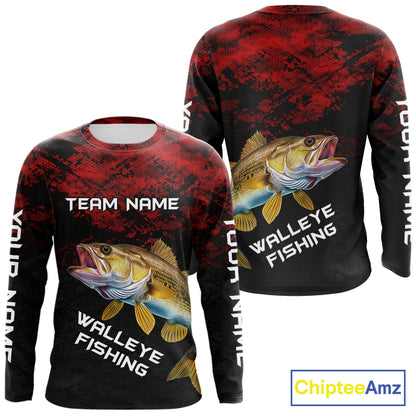 Personalized Walleye Long Sleeve Fishing Shirts Red Camo Custom Name Walleye Fishing Shirts NBT371