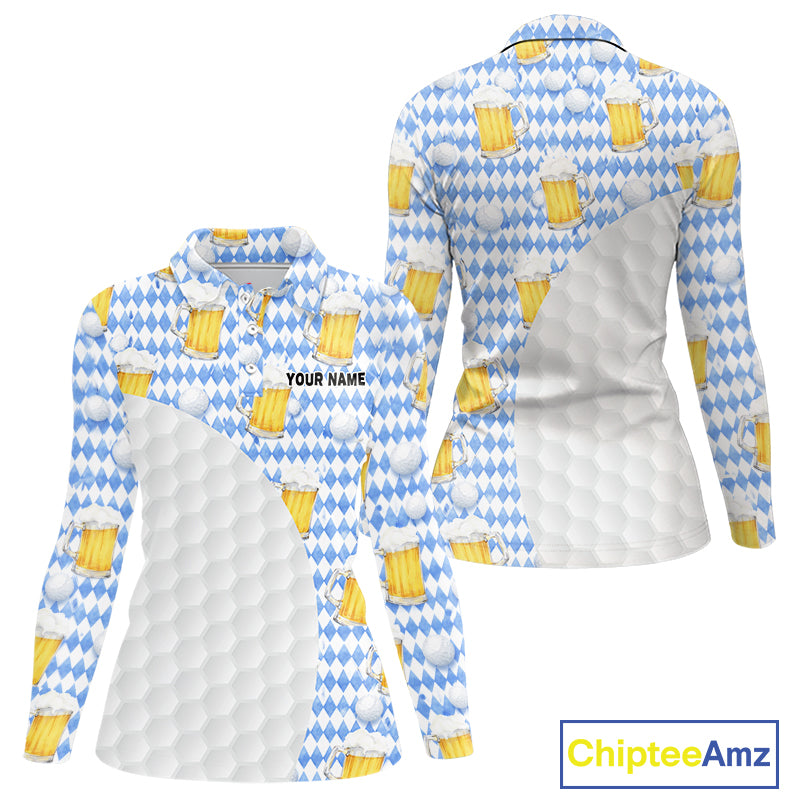 Womens Golf Polo Shirts Custom Beer Argyle Pattern, Funny Beer Pattern Golf Team Shirt NBT597