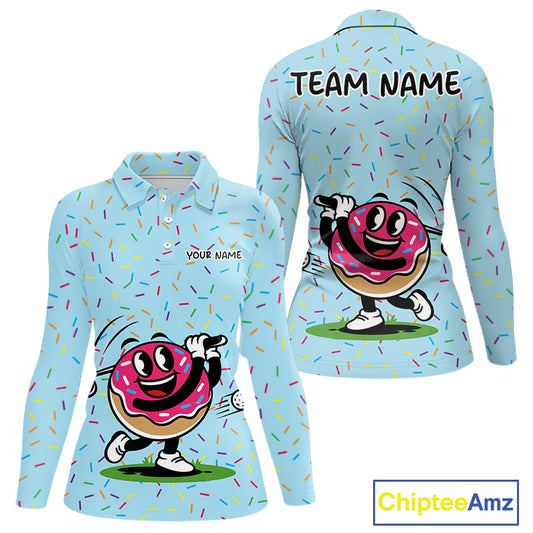 Funny Pink Donut Golf Polo Shirts For Womens, Golf Polo Shirts Custom Donut Pattern, Funny Golf Shirts NBT607