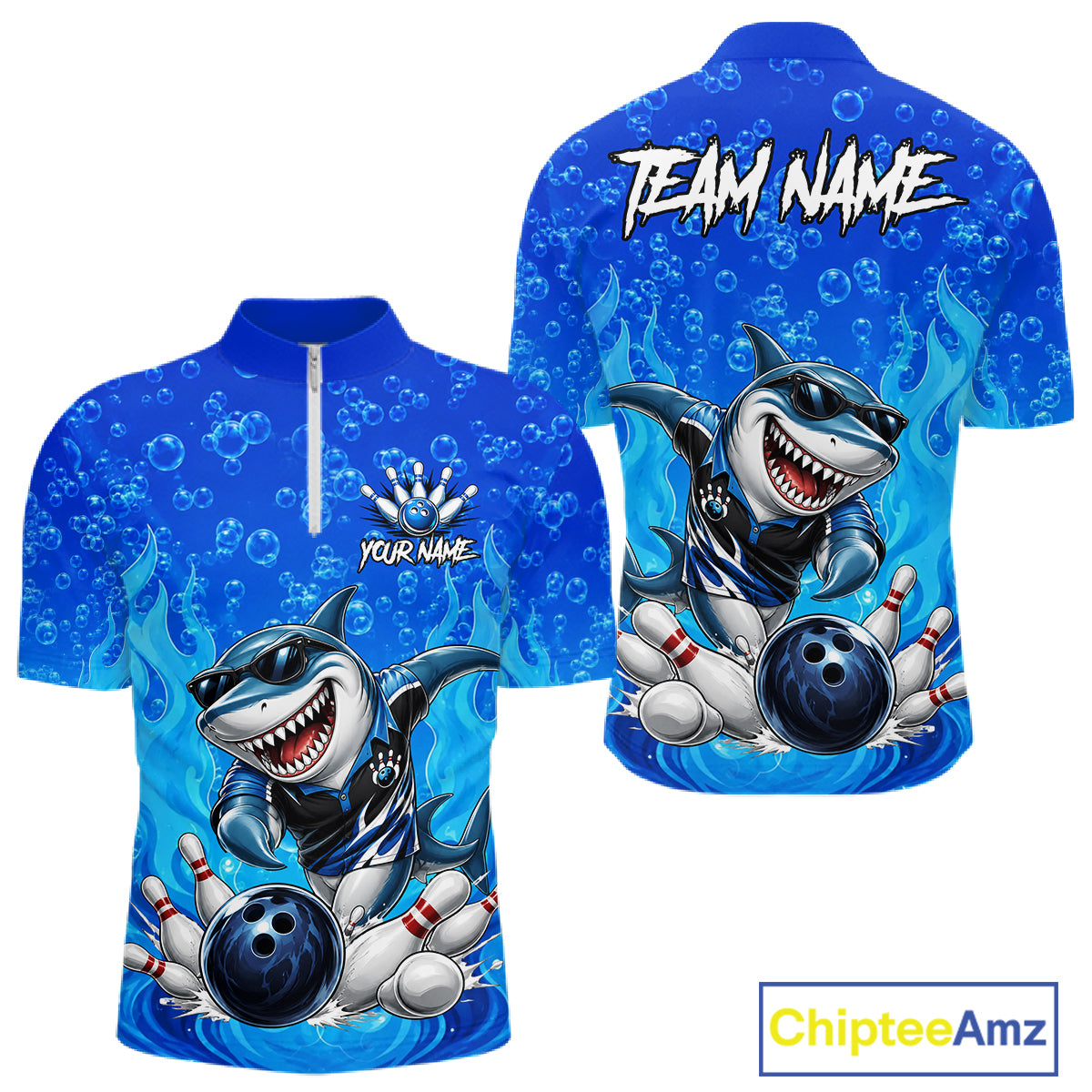 Custom Funny Blue Shark Bowling Polo Shirts For Men, Shark Bowling Team Shirt NBT981