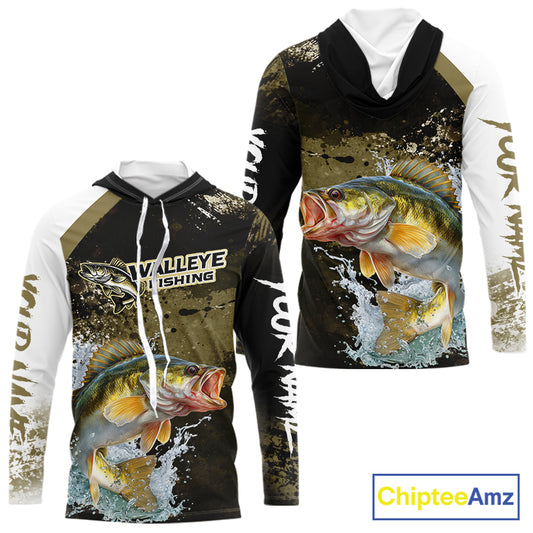 Green Camo Custom Walleye Fishing Shirt Long Sleeve Hooded, Walleye Fishing Jerseys NBT413