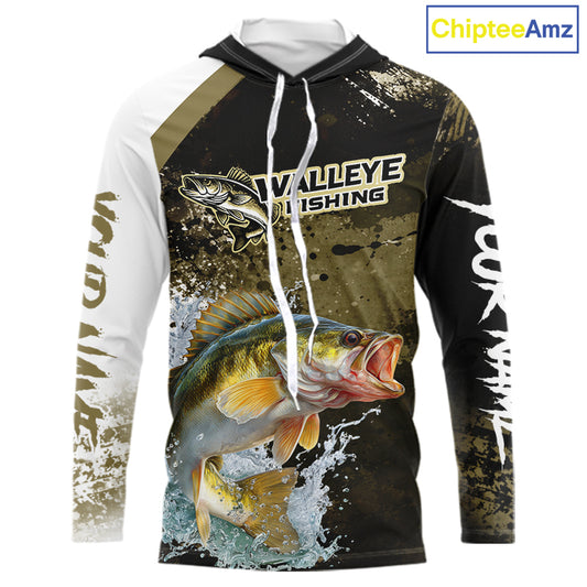 Green Camo Custom Walleye Fishing Shirt Long Sleeve Hooded, Walleye Fishing Jerseys NBT413