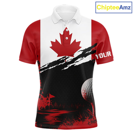 Canada Flag Patriotic Mens Golf Polo Shirt front view - red white Canada flag design, breathable polyester fabric, short sleeve Polo tailored fit, custom name shirt