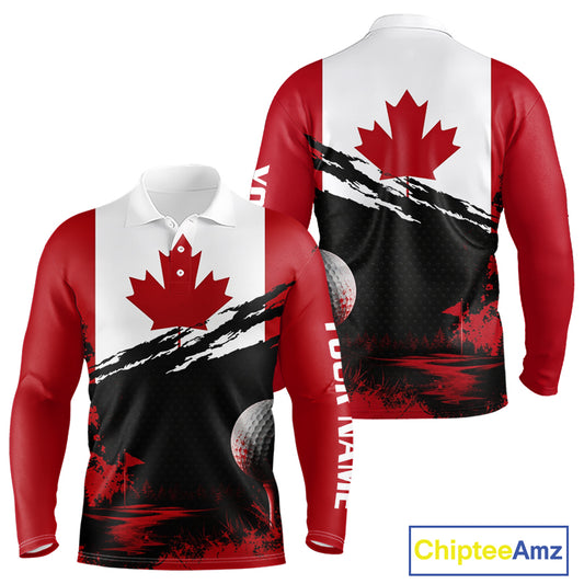 Canada Flag Patriotic Mens Golf Polo Shirt front and back view - red white Canada flag design, breathable polyester fabric, long sleeve Polo tailored fit, custom name shirt